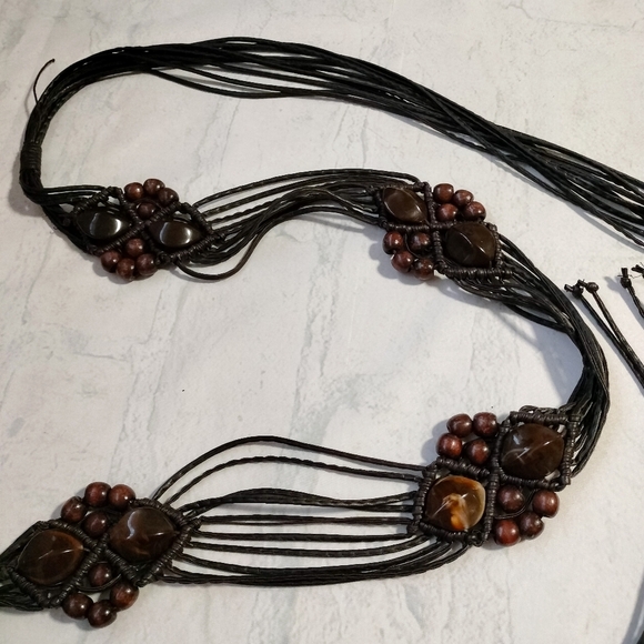 Vintage Boho Macramé Women's Belt Beaded Adjustable Tie Closure Vegan Leather - Picture 2 of 12